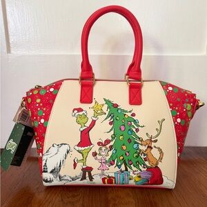 The Grinch Loungefly Holiday Graphic Satchel Handbag in Red and Cream